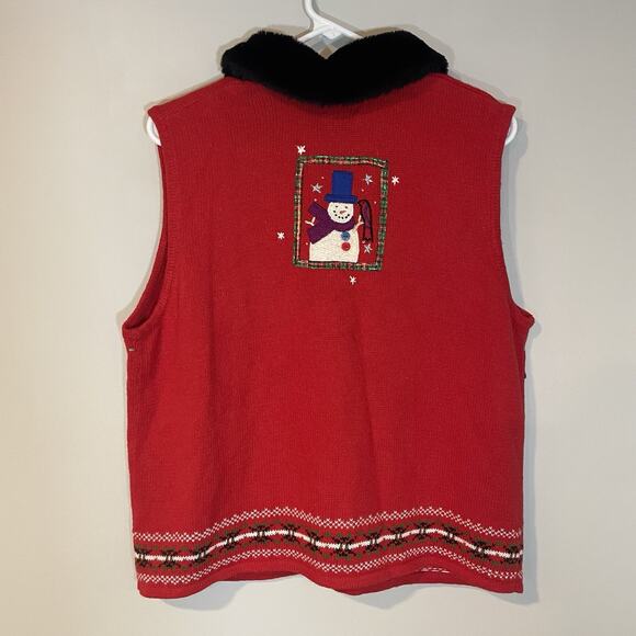 VTG AMBRA Christmas Sweater Vest Women XL Red Embroidered Snowman Faux Fur - Picture 6 of 6